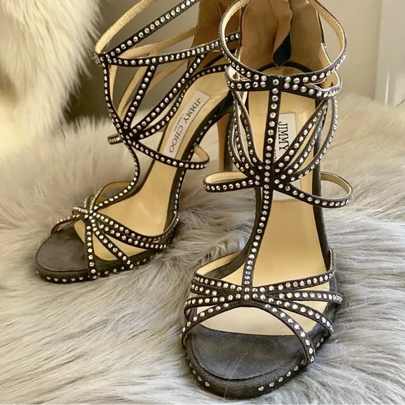 Jimmy Choo Gray Leather Vendetta Crystal Embellished Strappy Heel Sandals - Picture 2 of 11